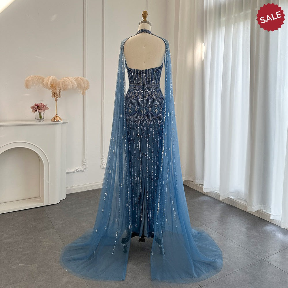 Luxury Dubai Mermaid Pink Evening Dresses with Cape Sleeves 2024 Arabic Women Wedding Guest Formal Party Gowns SS361