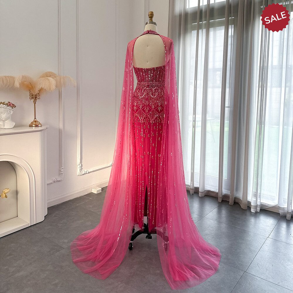 Luxury Dubai Mermaid Pink Evening Dresses with Cape Sleeves 2024 Arabic Women Wedding Guest Formal Party Gowns SS361