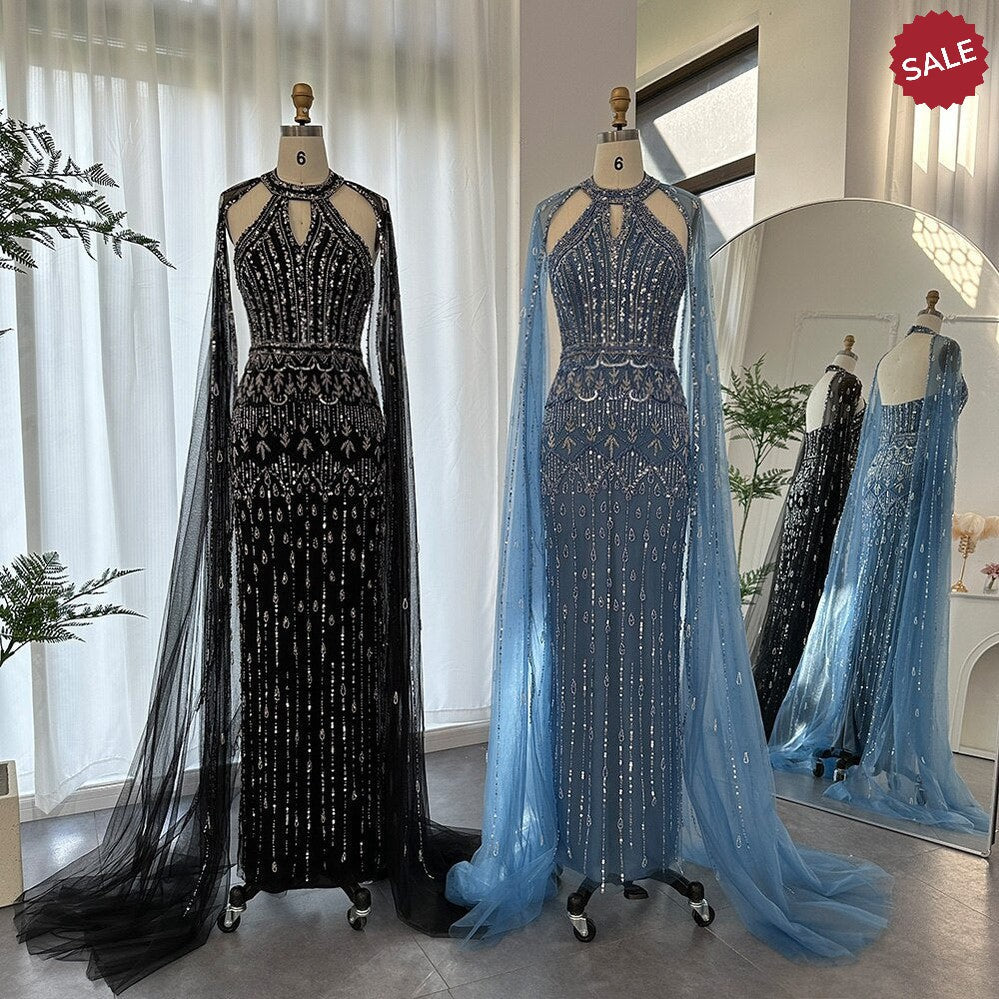 Luxury Dubai Mermaid Pink Evening Dresses with Cape Sleeves 2024 Arabic Women Wedding Guest Formal Party Gowns SS361