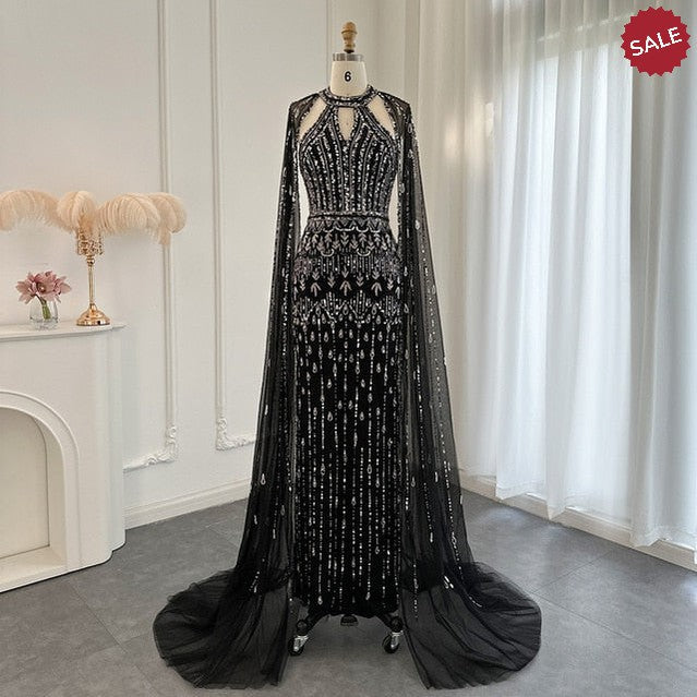Luxury Dubai Mermaid Pink Evening Dresses with Cape Sleeves 2024 Arabic Women Wedding Guest Formal Party Gowns SS361
