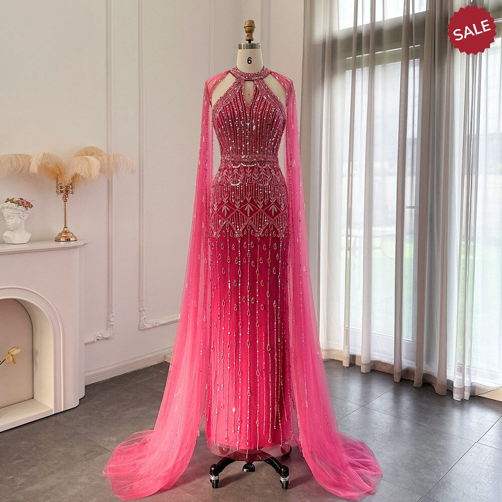 Luxury Dubai Mermaid Pink Evening Dresses with Cape Sleeves 2024 Arabic Women Wedding Guest Formal Party Gowns SS361