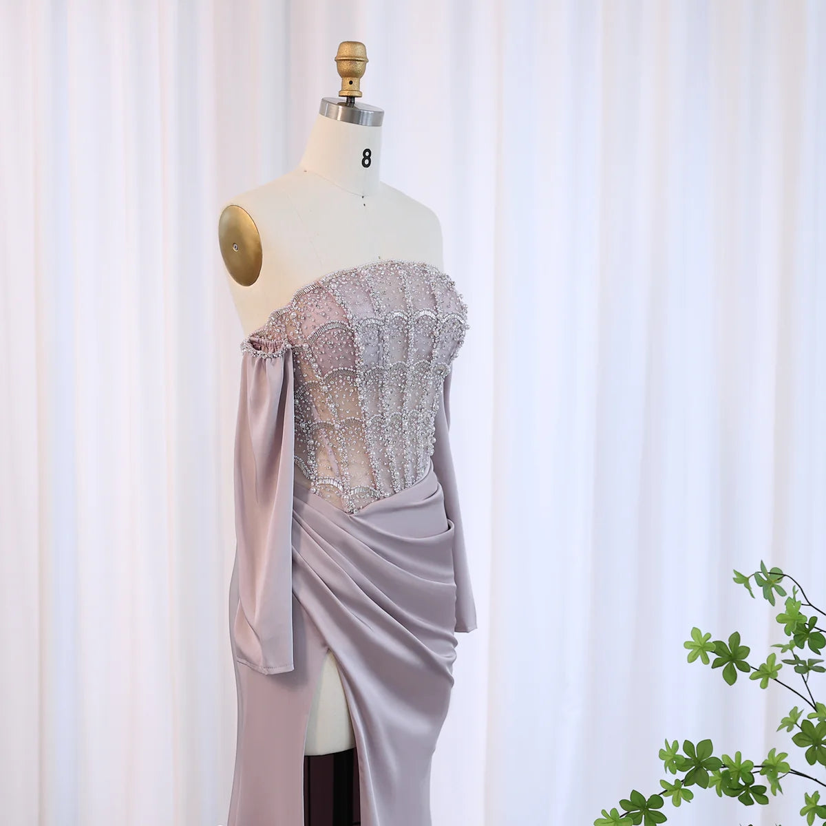 Luxury Dubai Mermaid White Evening Dress Sexy Scalloped High Slit Prom Dresses for Women Wedding Party SS416