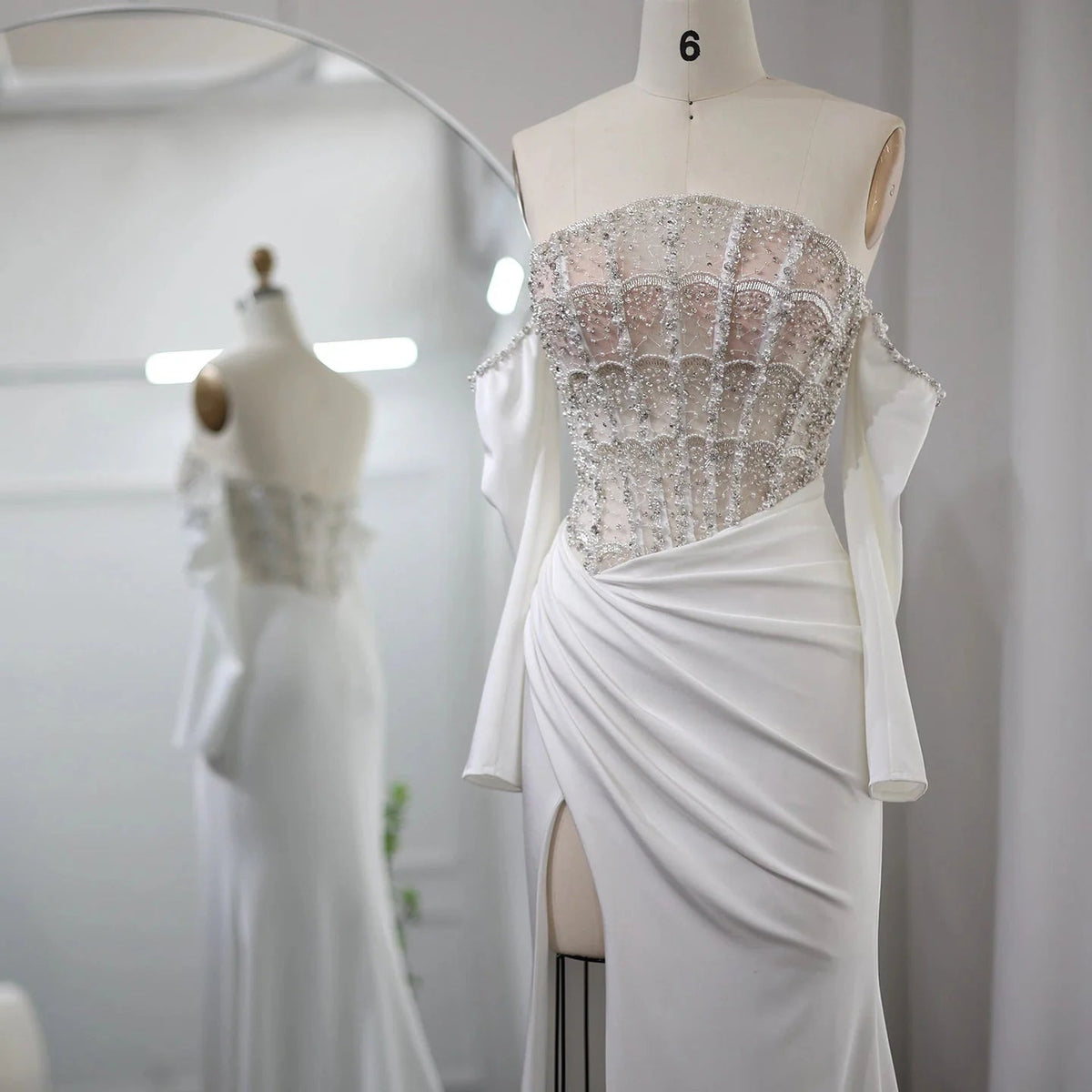 Luxury Dubai Mermaid White Evening Dress Sexy Scalloped High Slit Prom Dresses for Women Wedding Party SS416
