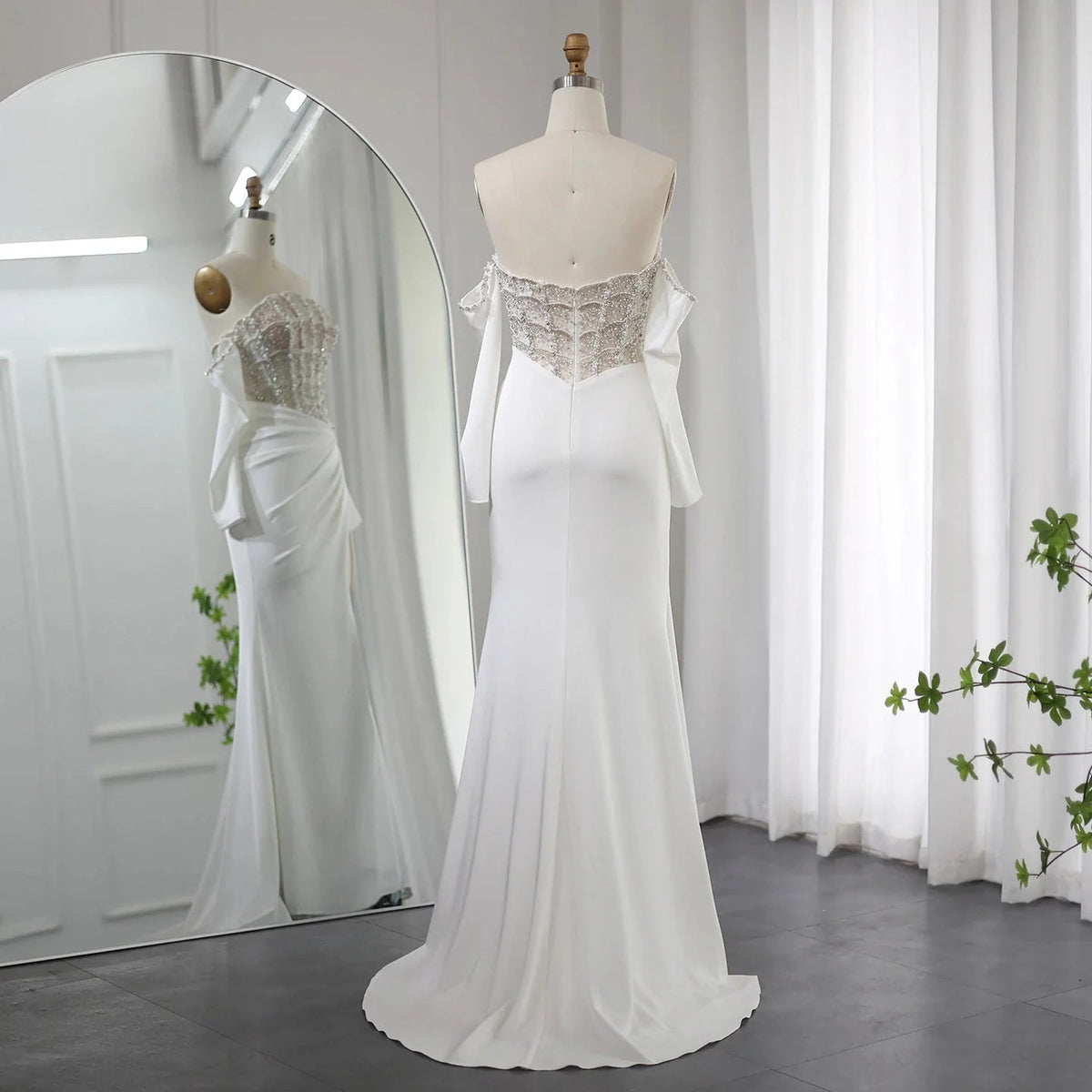 Luxury Dubai Mermaid White Evening Dress Sexy Scalloped High Slit Prom Dresses for Women Wedding Party SS416