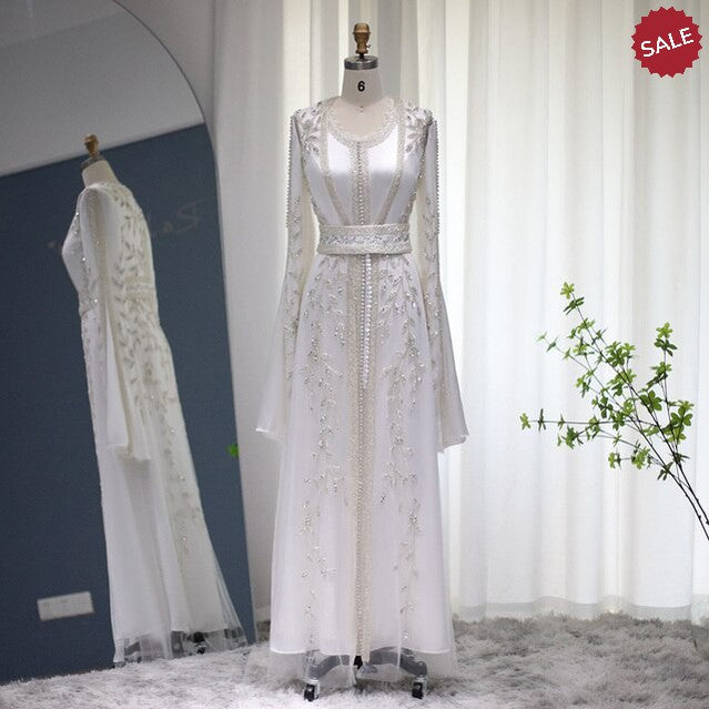 Luxury Dubai Moroccan Kaftan Ivory Evening Dresses for Women Wedding Party Elegant Long Sleeve Muslim Arabic Formal Dress SS439