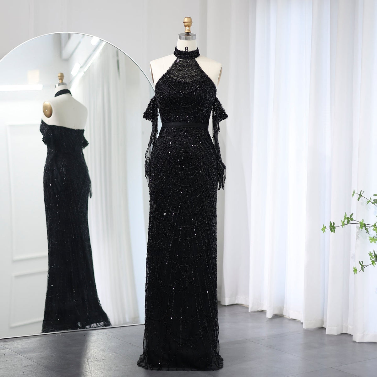Luxury Dubai Nude Mermaid Evening Dresses with Gloves Sexy Halter Arabic Women Wedding Formal Party Gowns SS289