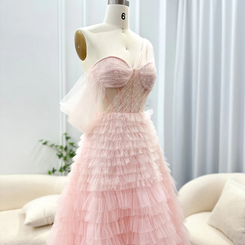 Luxury Dubai Ombre Pink Lilac Evening Dress for Women Wedding Elegant One Shoulder Long Ball Gown Prom Dresses SF085