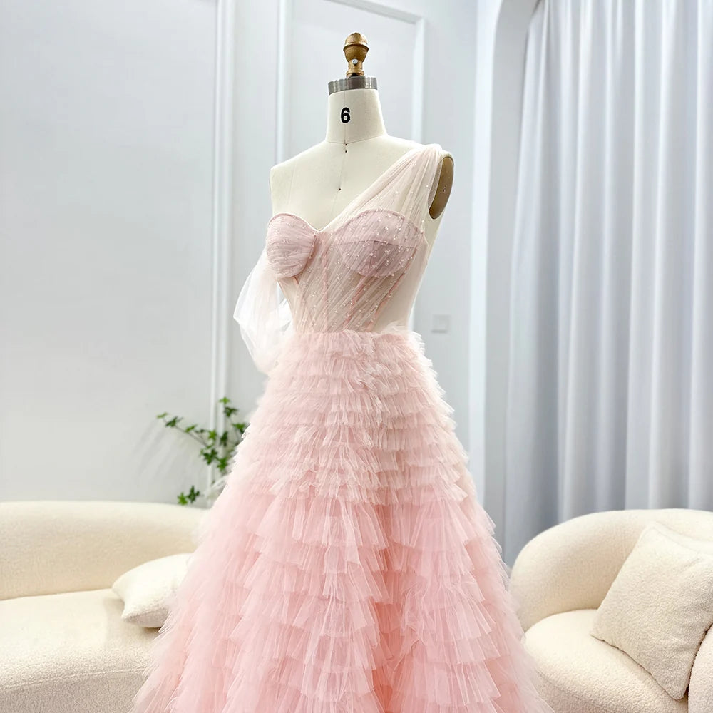 Luxury Dubai Ombre Pink Lilac Evening Dress for Women Wedding Elegant One Shoulder Long Ball Gown Prom Dresses SF085
