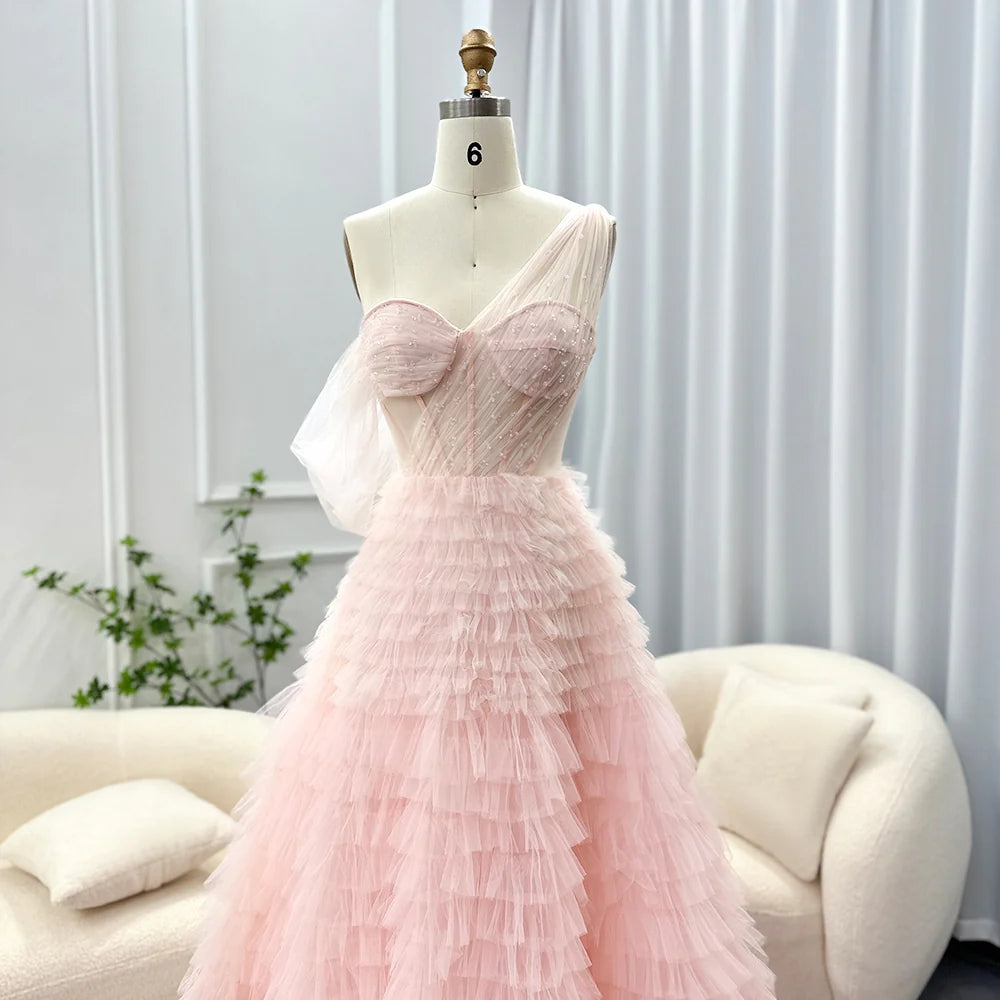 Luxury Dubai Ombre Pink Lilac Evening Dress for Women Wedding Elegant One Shoulder Long Ball Gown Prom Dresses SF085