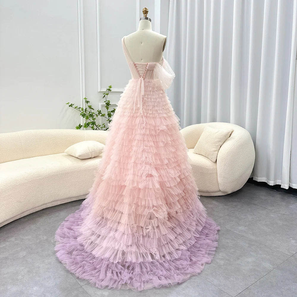 Luxury Dubai Ombre Pink Lilac Evening Dress for Women Wedding Elegant One Shoulder Long Ball Gown Prom Dresses SF085