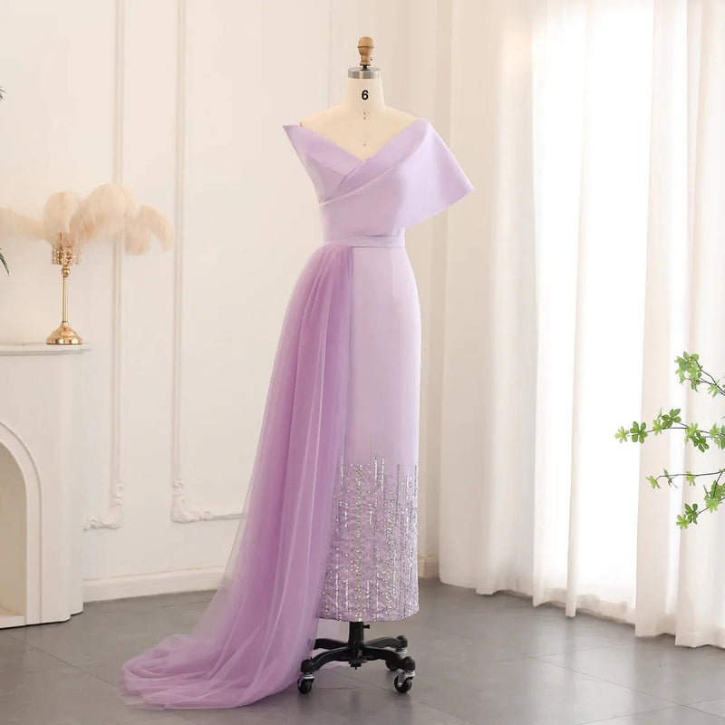 Luxury Dubai One Lilac Shoulder Evening Dress with Overskirt 2024 Arabic Women Sage Green Wedding Party Gowns SS405