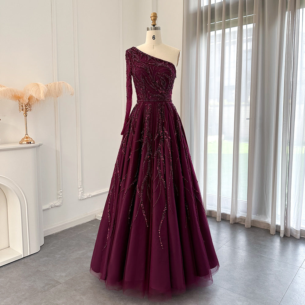 Luxury Dubai One Shoulder Fuchsia Evening Dresses for Women Wedding Elegant Arabic Long Sleeve Formal Gowns SS409