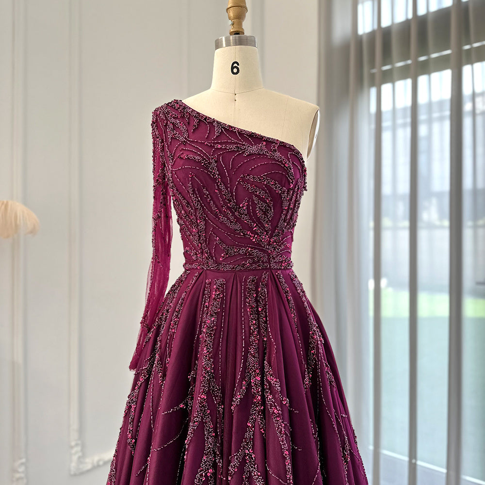 Luxury Dubai One Shoulder Fuchsia Evening Dresses for Women Wedding Elegant Arabic Long Sleeve Formal Gowns SS409