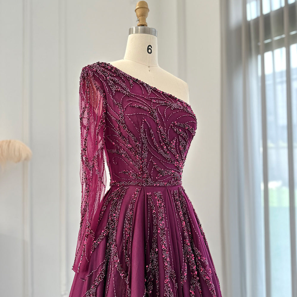 Luxury Dubai One Shoulder Fuchsia Evening Dresses for Women Wedding Elegant Arabic Long Sleeve Formal Gowns SS409