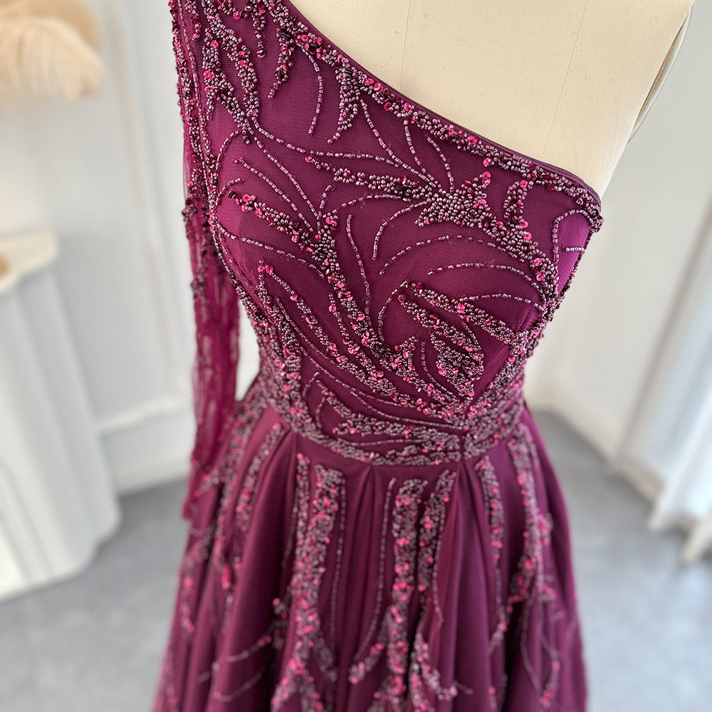 Luxury Dubai One Shoulder Fuchsia Evening Dresses for Women Wedding Elegant Arabic Long Sleeve Formal Gowns SS409