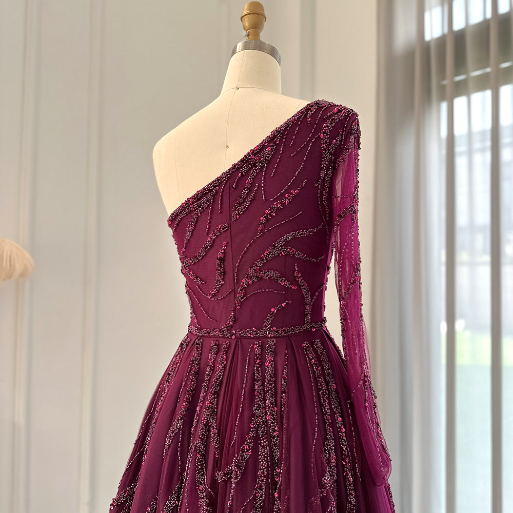 Luxury Dubai One Shoulder Fuchsia Evening Dresses for Women Wedding Elegant Arabic Long Sleeve Formal Gowns SS409