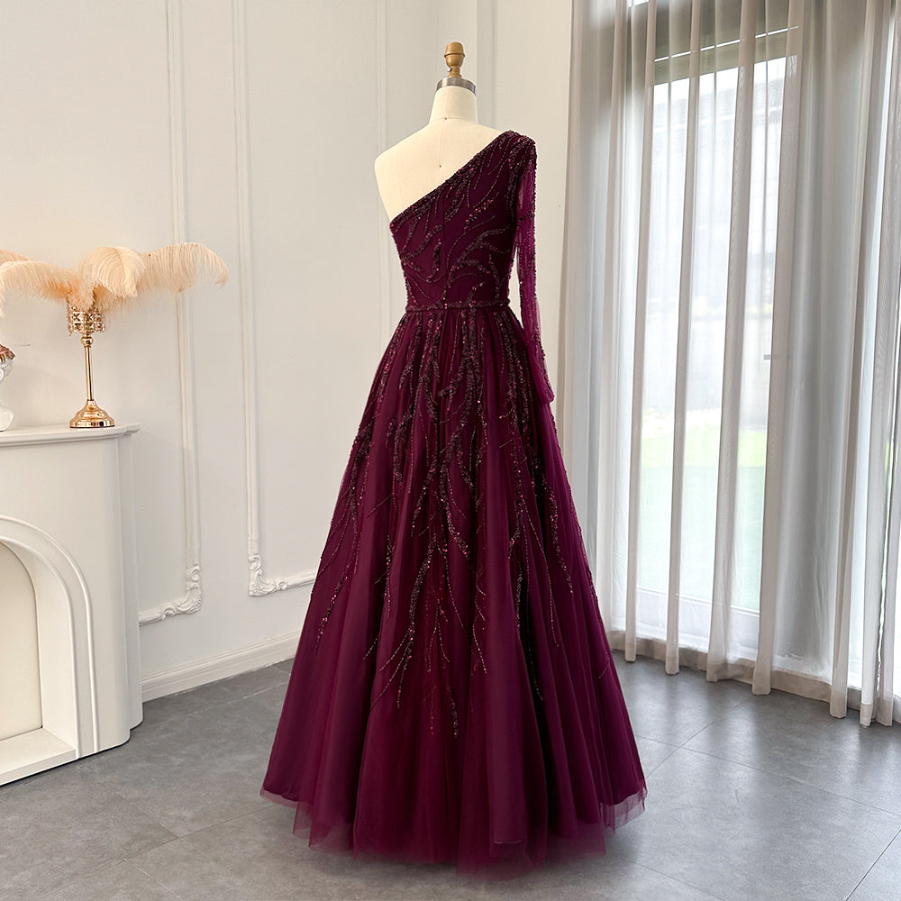 Luxury Dubai One Shoulder Fuchsia Evening Dresses for Women Wedding Elegant Arabic Long Sleeve Formal Gowns SS409