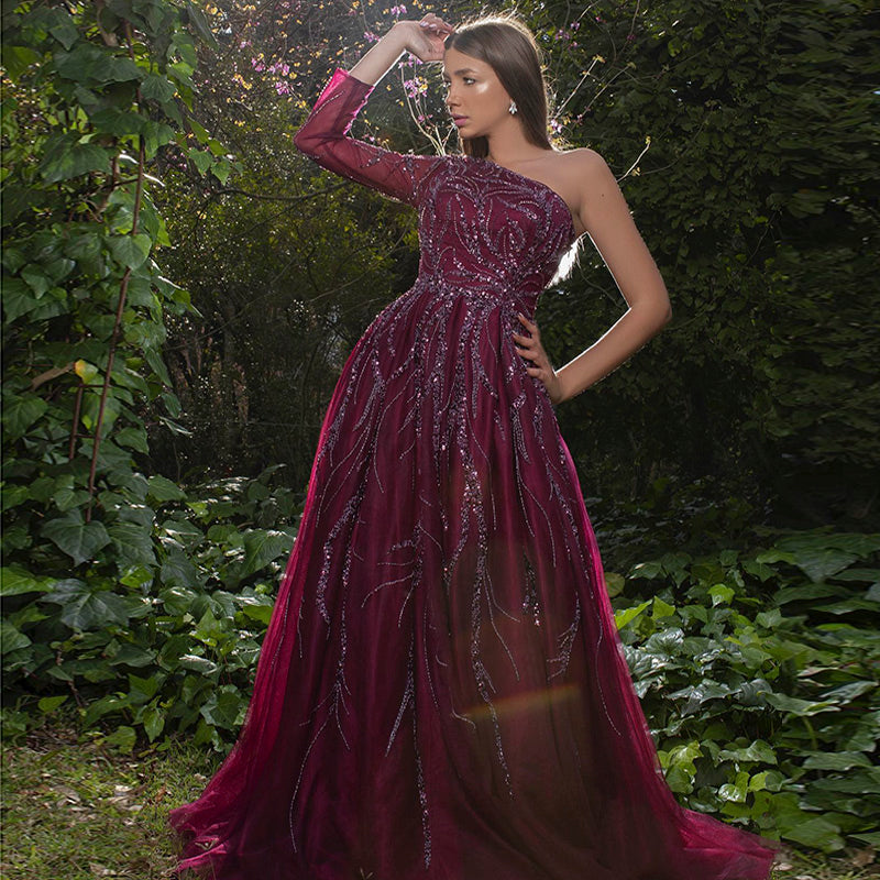 Luxury Dubai One Shoulder Fuchsia Evening Dresses for Women Wedding Elegant Arabic Long Sleeve Formal Gowns SS409