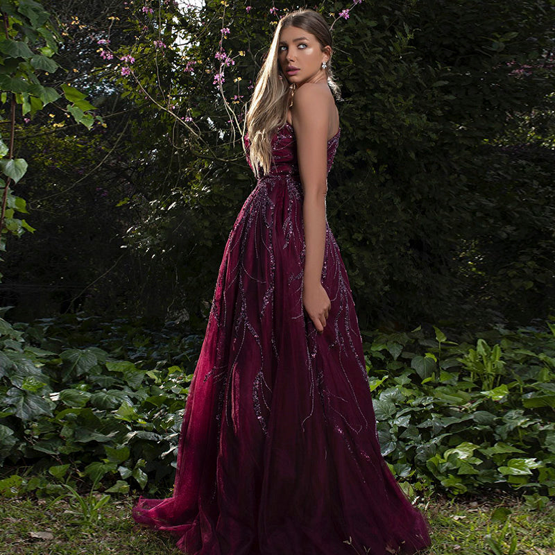 Luxury Dubai One Shoulder Fuchsia Evening Dresses for Women Wedding Elegant Arabic Long Sleeve Formal Gowns SS409