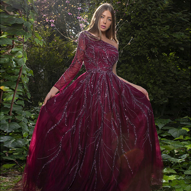 Luxury Dubai One Shoulder Fuchsia Evening Dresses for Women Wedding Elegant Arabic Long Sleeve Formal Gowns SS409