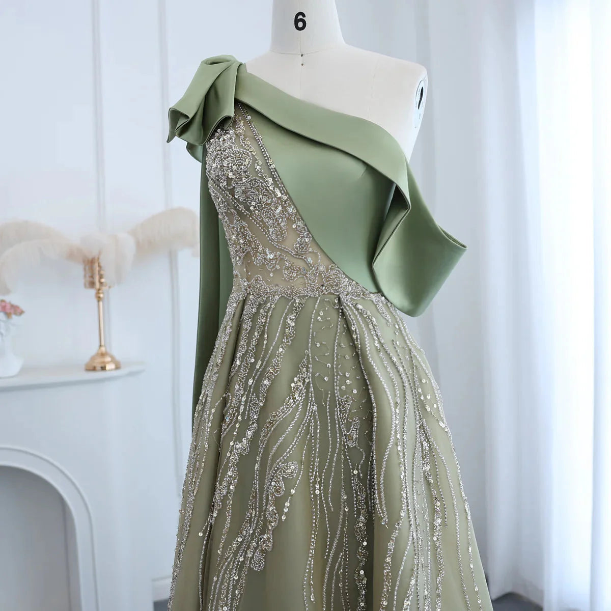 Luxury Dubai One Shoulder Olive Green Arabic Evening Dress with Cape Sleeves Side Slit Wedding Party Gowns SS323