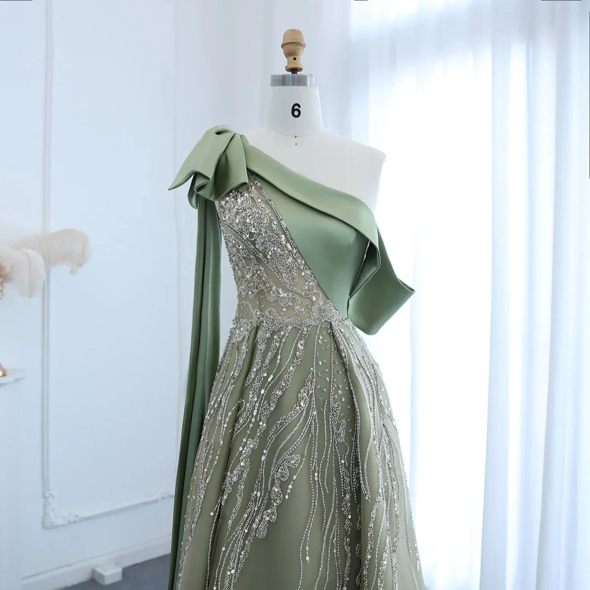 Luxury Dubai One Shoulder Olive Green Arabic Evening Dress with Cape Sleeves Side Slit Wedding Party Gowns SS323