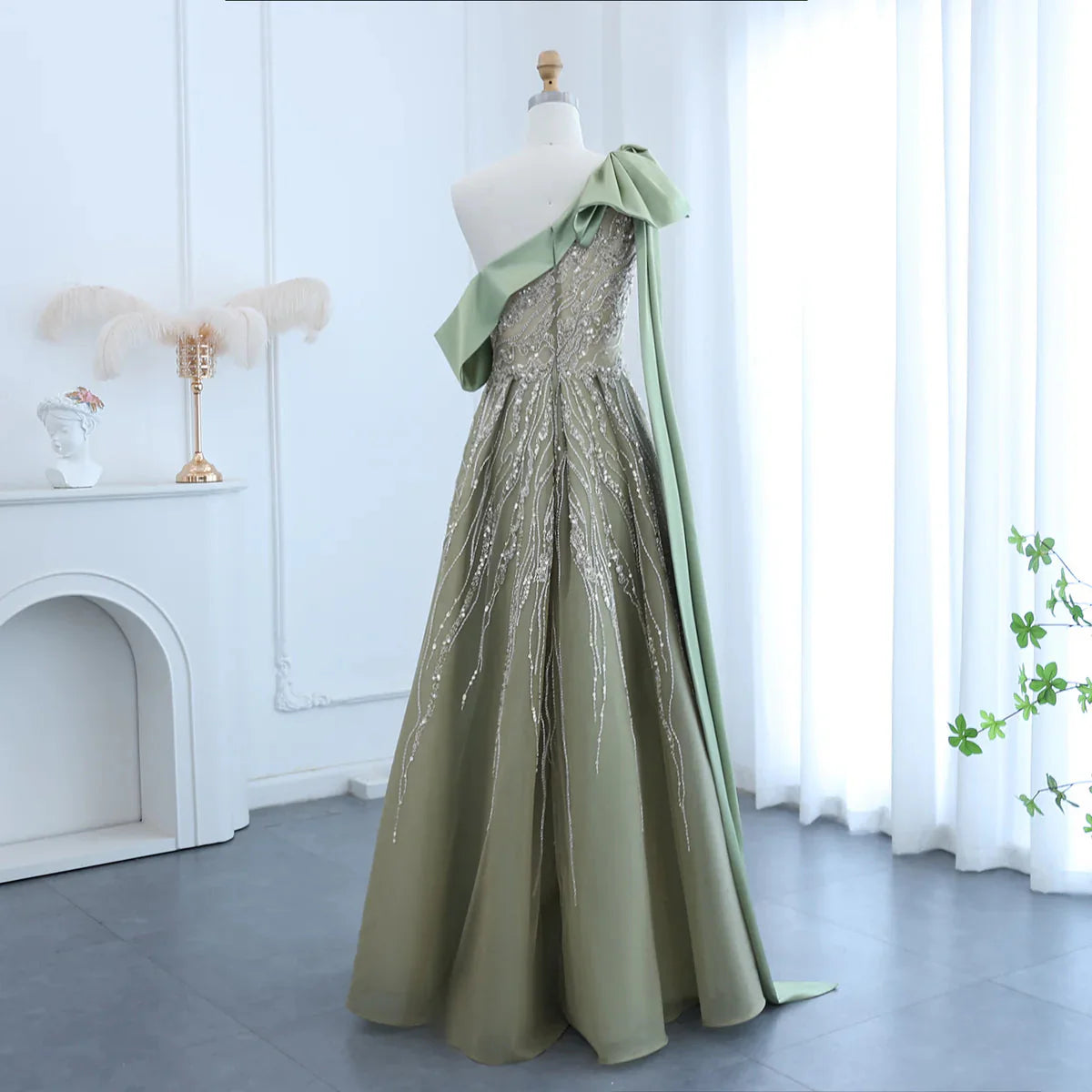 Luxury Dubai One Shoulder Olive Green Arabic Evening Dress with Cape Sleeves Side Slit Wedding Party Gowns SS323