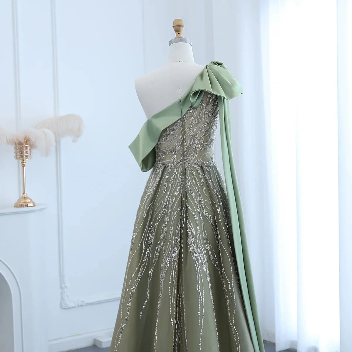 Luxury Dubai One Shoulder Olive Green Arabic Evening Dress with Cape Sleeves Side Slit Wedding Party Gowns SS323