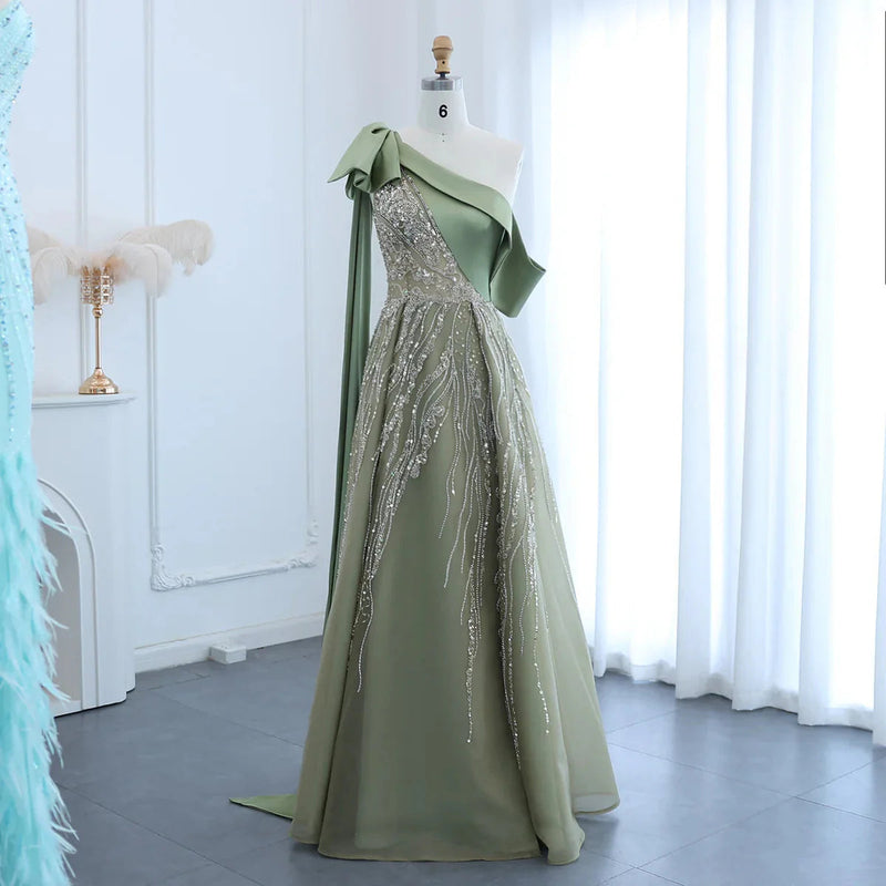 Luxury Dubai One Shoulder Olive Green Arabic Evening Dress with Cape Sleeves Side Slit Wedding Party Gowns SS323