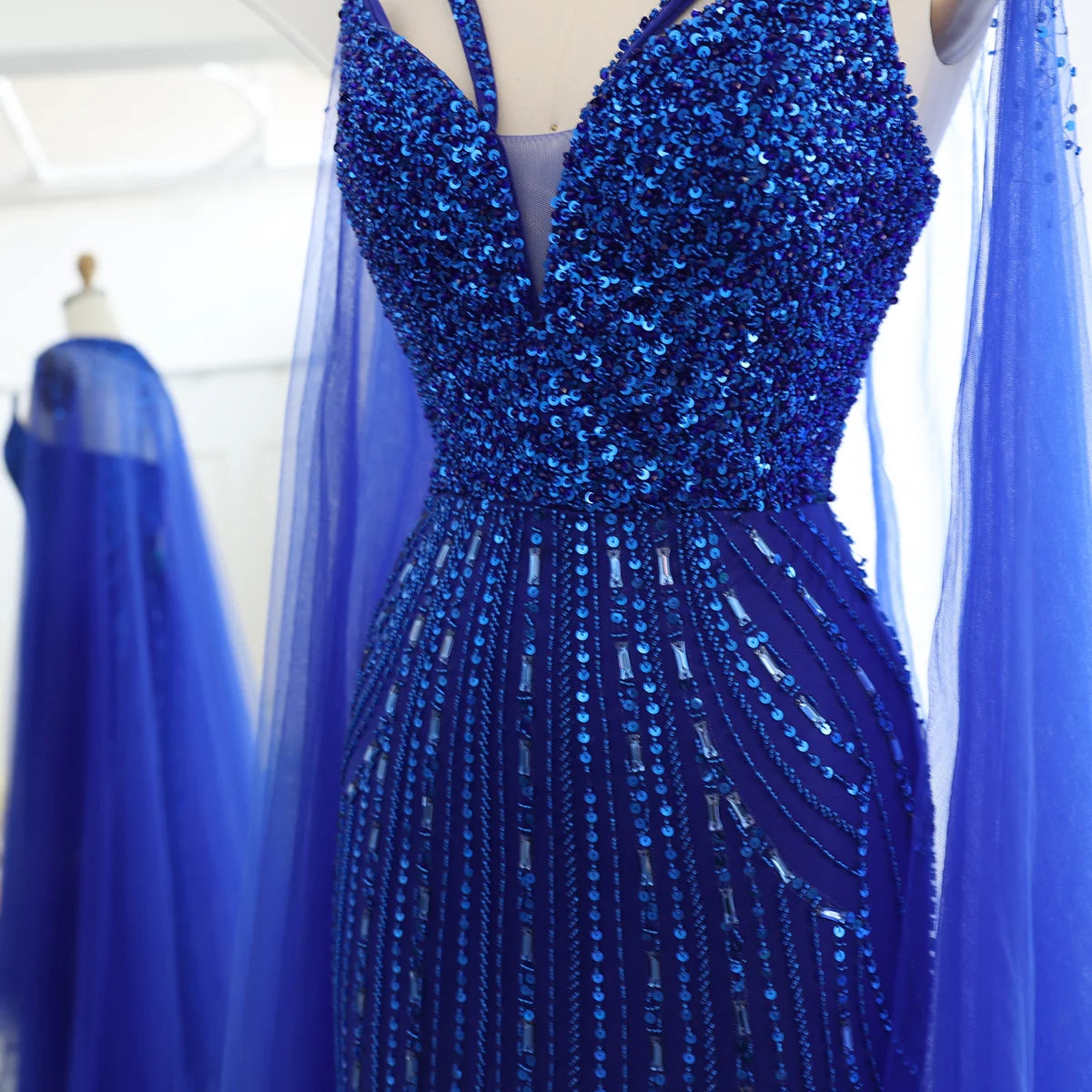 Luxury Dubai Royal Blue Mermaid Evening Dress with Cape 2024 Elegant Arabic Women Wedding Party Prom Dresses SS411