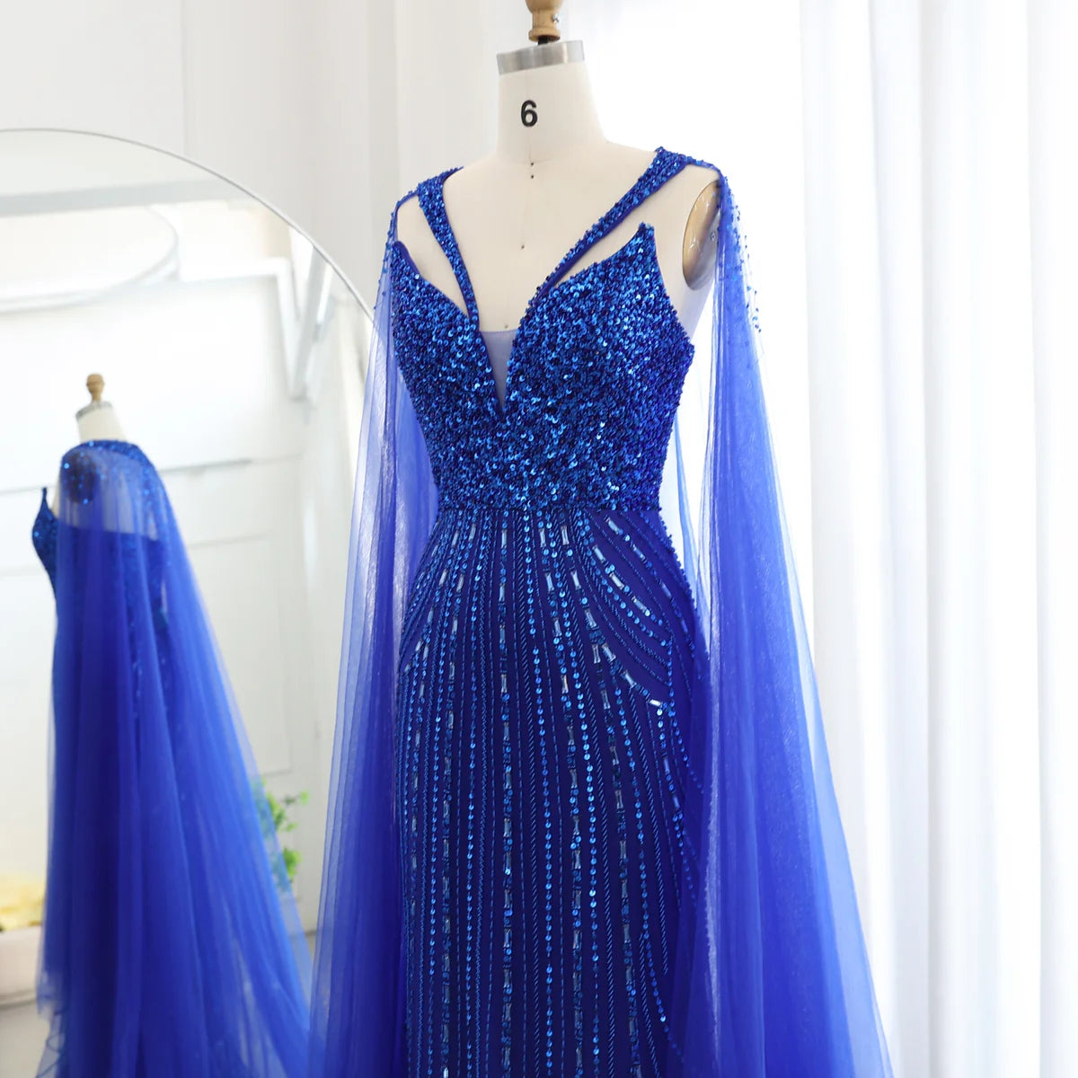 Luxury Dubai Royal Blue Mermaid Evening Dress with Cape 2024 Elegant Arabic Women Wedding Party Prom Dresses SS411