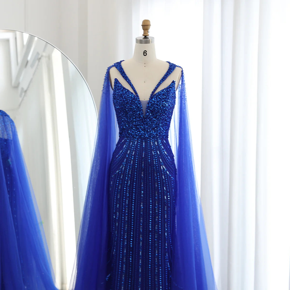 Luxury Dubai Royal Blue Mermaid Evening Dress with Cape 2024 Elegant Arabic Women Wedding Party Prom Dresses SS411