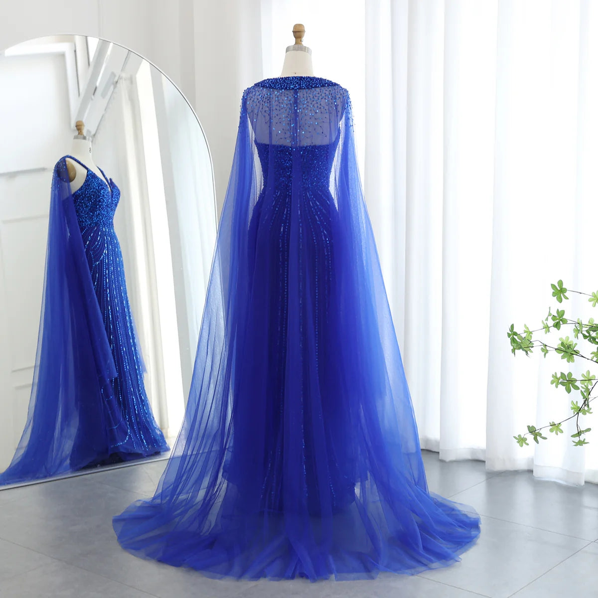 Luxury Dubai Royal Blue Mermaid Evening Dress with Cape 2024 Elegant Arabic Women Wedding Party Prom Dresses SS411