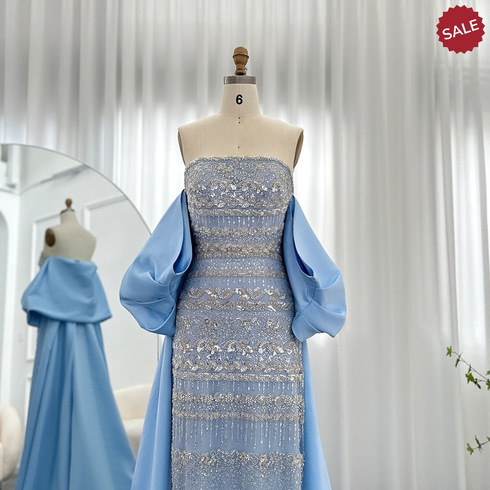 Luxury Dubai Sage Green Evening Dresses with Cape Arabic Blue Beaded Elegant Women Wedding Party Gowns SS238