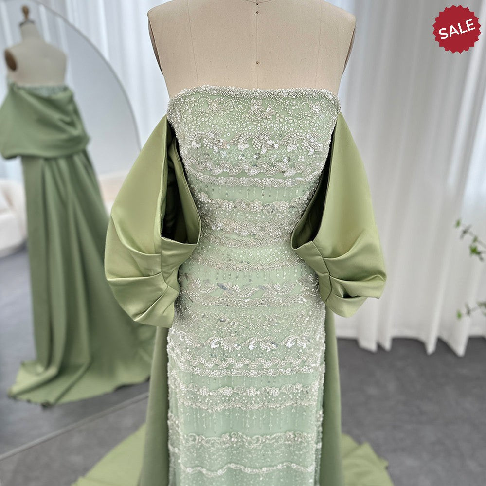Luxury Dubai Sage Green Evening Dresses with Cape Arabic Blue Beaded Elegant Women Wedding Party Gowns SS238