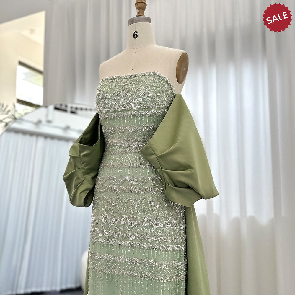 Luxury Dubai Sage Green Evening Dresses with Cape Arabic Blue Beaded Elegant Women Wedding Party Gowns SS238