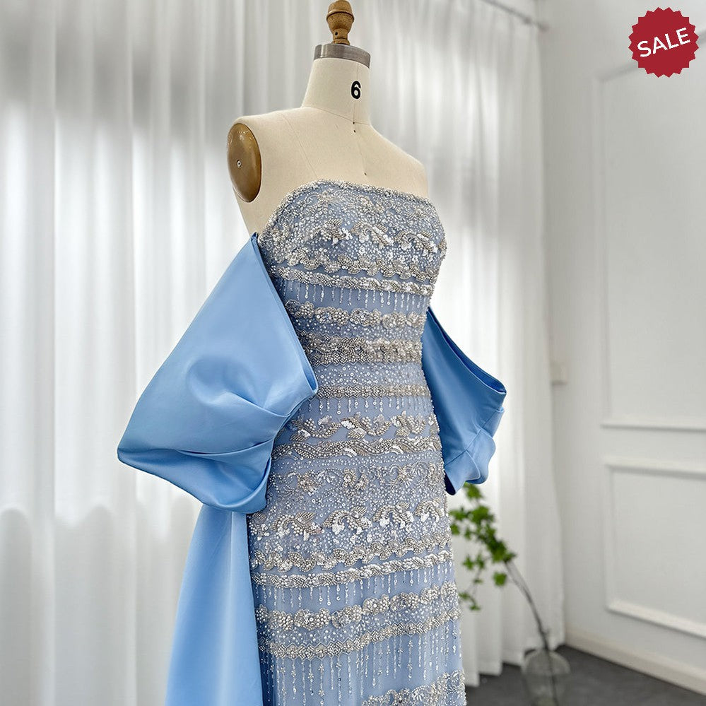 Luxury Dubai Sage Green Evening Dresses with Cape Arabic Blue Beaded Elegant Women Wedding Party Gowns SS238