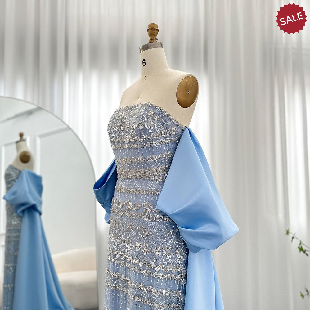 Luxury Dubai Sage Green Evening Dresses with Cape Arabic Blue Beaded Elegant Women Wedding Party Gowns SS238