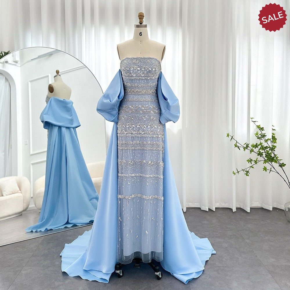 Luxury Dubai Sage Green Evening Dresses with Cape Arabic Blue Beaded Elegant Women Wedding Party Gowns SS238
