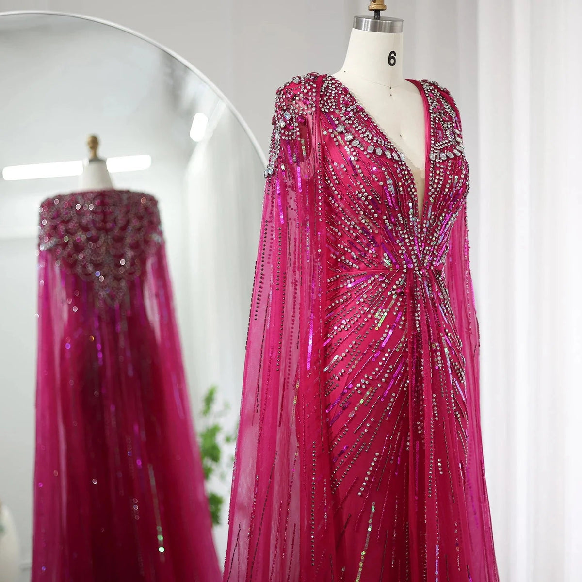 Luxury Dubai Sage Green Evening Dresses with Cape Fuchsia Crystal Gold Elegant Women Wedding Formal Party Gown SS399