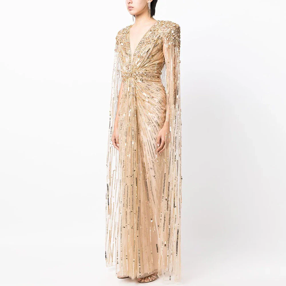 Luxury Dubai Sage Green Evening Dresses with Cape Fuchsia Crystal Gold Elegant Women Wedding Formal Party Gown SS399