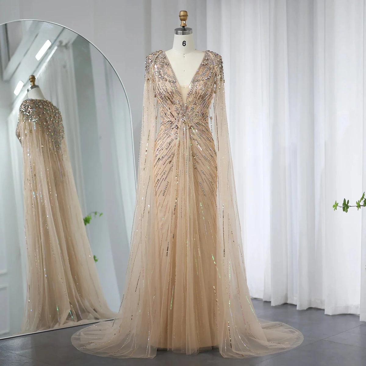 Luxury Dubai Sage Green Evening Dresses with Cape Fuchsia Crystal Gold Elegant Women Wedding Formal Party Gown SS399