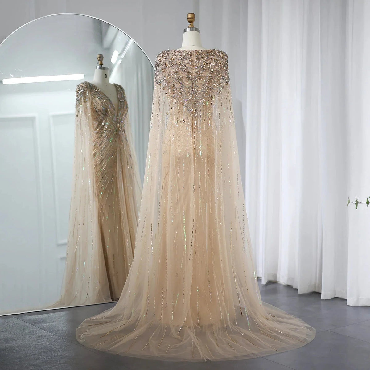 Luxury Dubai Sage Green Evening Dresses with Cape Fuchsia Crystal Gold Elegant Women Wedding Formal Party Gown SS399