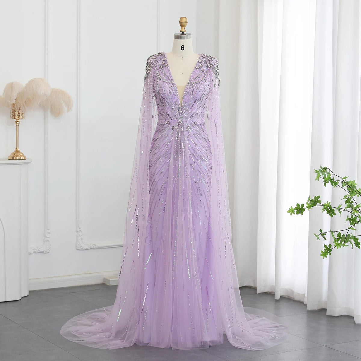 Luxury Dubai Sage Green Evening Dresses with Cape Fuchsia Crystal Gold Elegant Women Wedding Formal Party Gown SS399