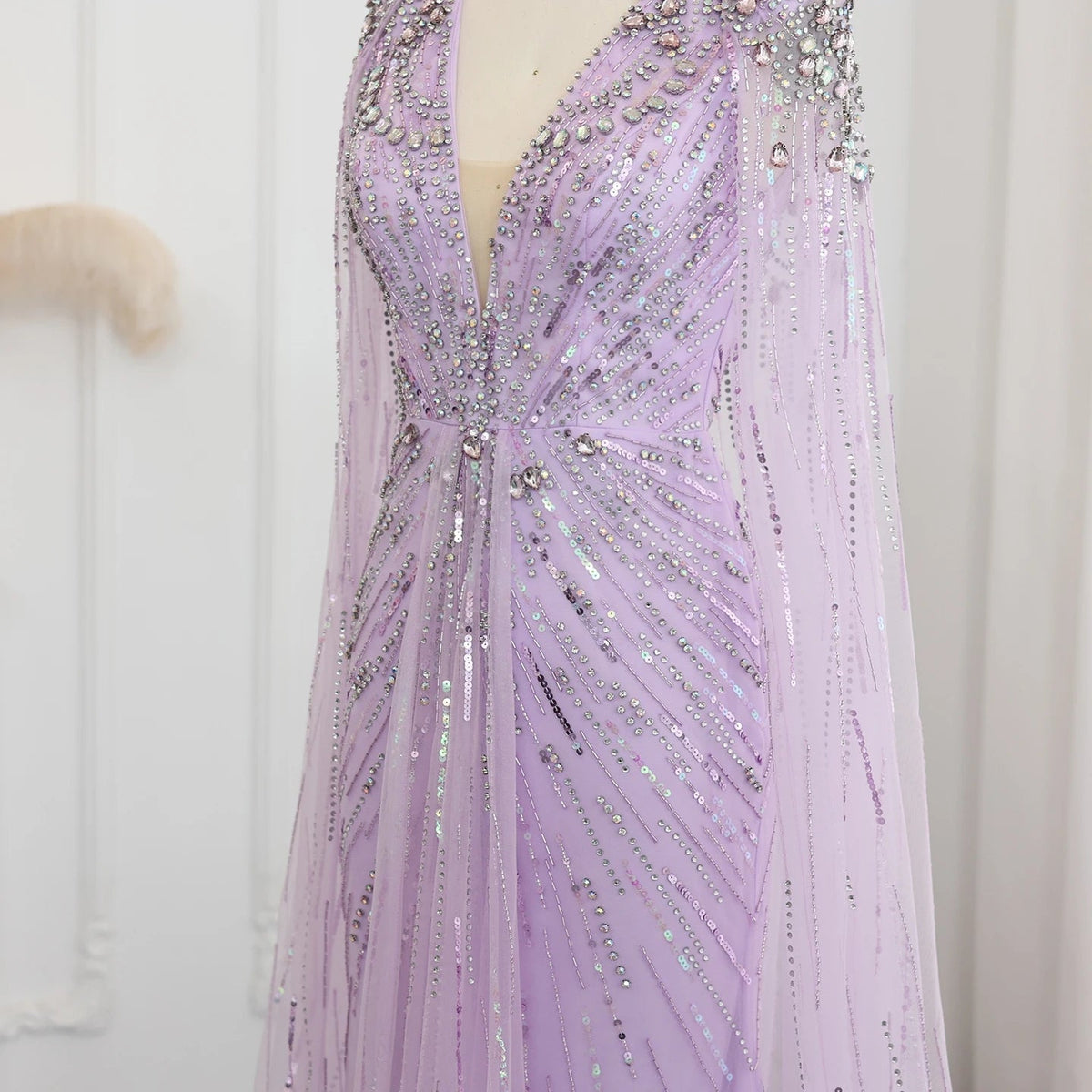 Luxury Dubai Sage Green Evening Dresses with Cape Fuchsia Crystal Gold Elegant Women Wedding Formal Party Gown SS399