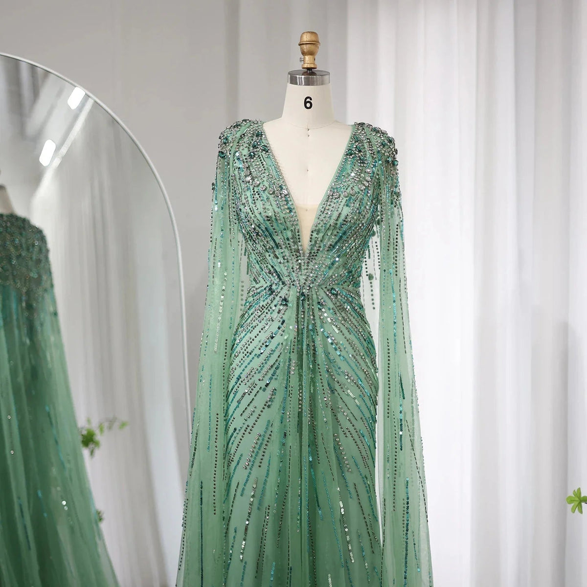 Luxury Dubai Sage Green Evening Dresses with Cape Fuchsia Crystal Gold Elegant Women Wedding Formal Party Gown SS399