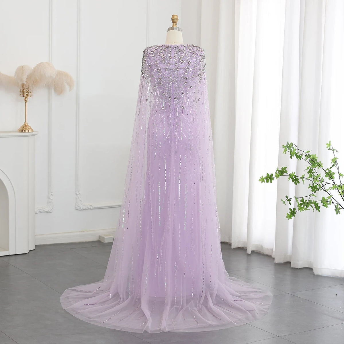 Luxury Dubai Sage Green Evening Dresses with Cape Fuchsia Crystal Gold Elegant Women Wedding Formal Party Gown SS399