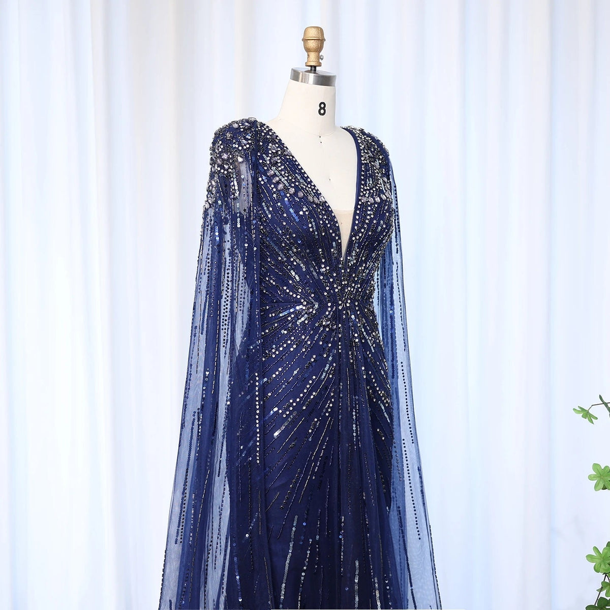 Luxury Dubai Sage Green Evening Dresses with Cape Fuchsia Crystal Gold Elegant Women Wedding Formal Party Gown SS399