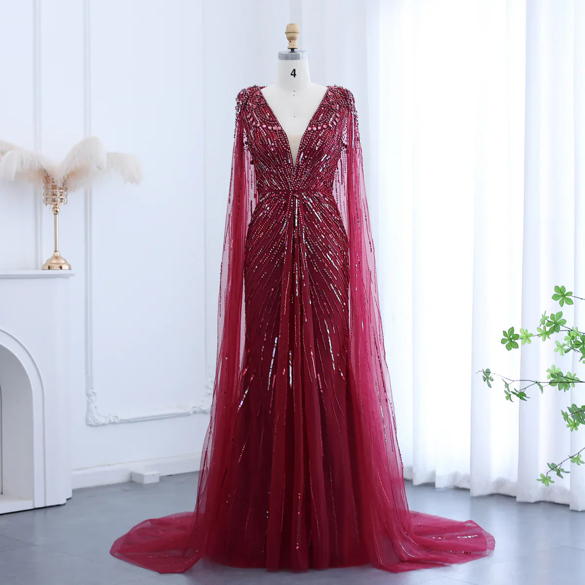 Luxury Dubai Sage Green Evening Dresses with Cape Fuchsia Crystal Gold Elegant Women Wedding Formal Party Gown SS399