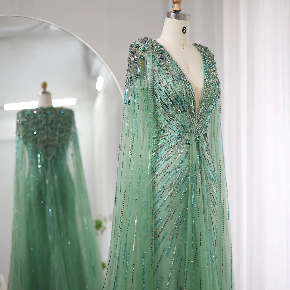 Luxury Dubai Sage Green Evening Dresses with Cape Fuchsia Crystal Gold Elegant Women Wedding Formal Party Gown SS399